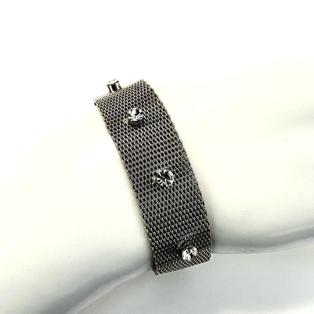 Silver tone mesh rhinestone vintage bracelet